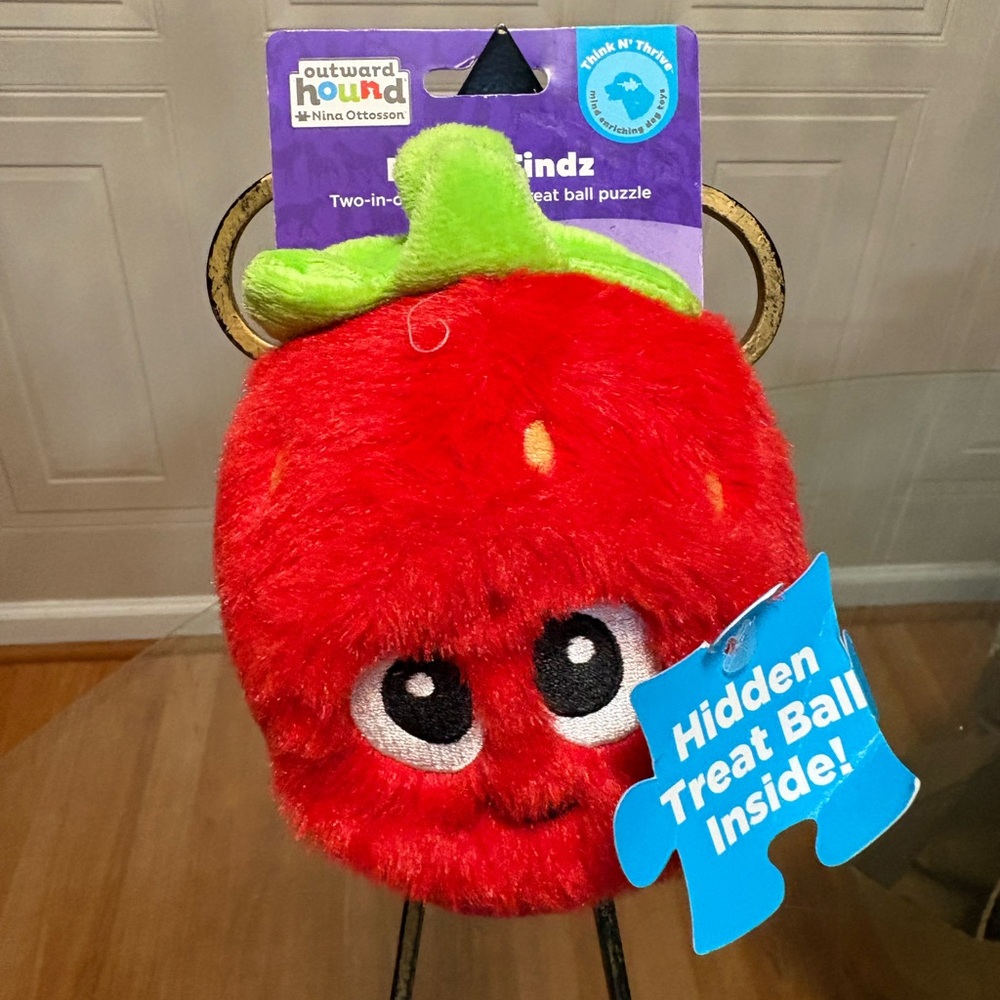 Outward Hound Fruity Findz Strawberry Red Two-in-one Interactive Treat Dog Toy